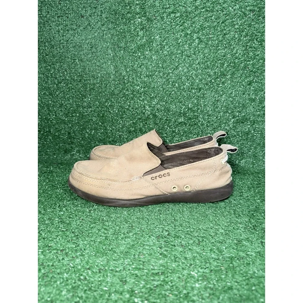 CROCS WALU Men's Size 9 Canvas Slip-On Boat Shoes Loafers Tan Khaki Brown